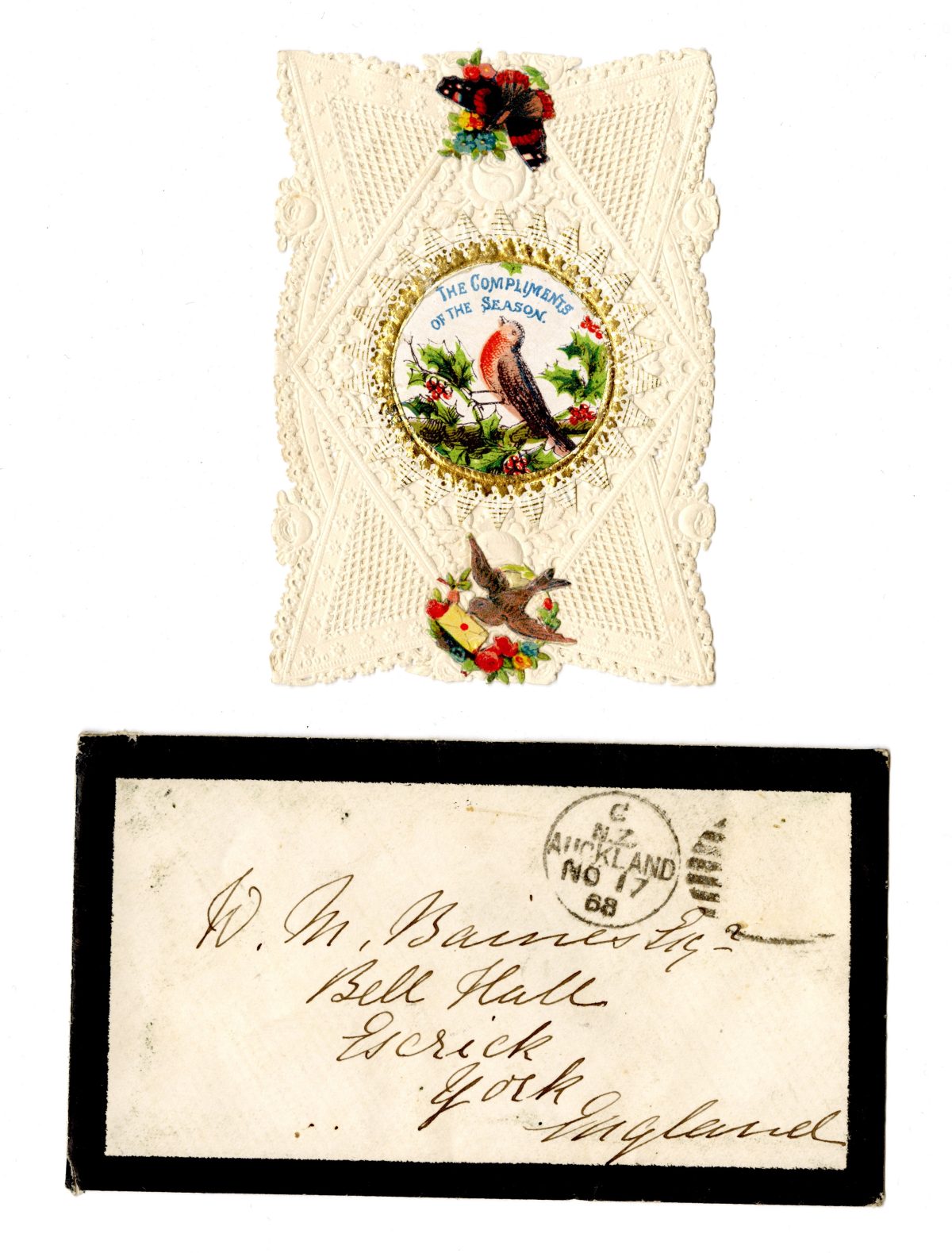 19th century Christmas card featuring lace pattern and robin design