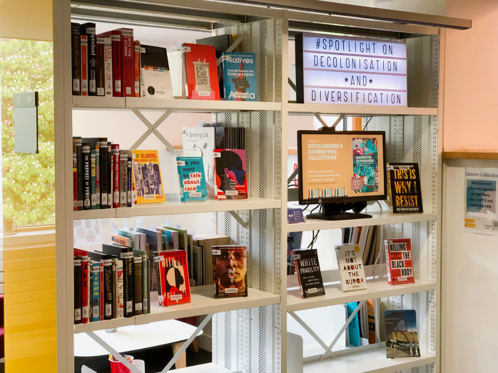 The spotlight bookshelves in the reading room showing our Spotlight on Decolonising and diversifying the collection